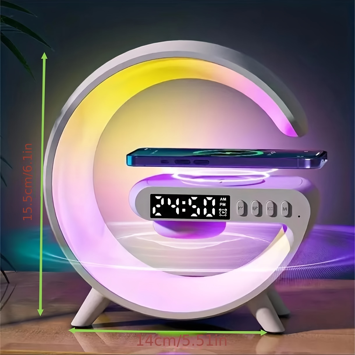 Produs nou, difuzor Bluetooth Big G, lumină de atmosferă colorată, ceas de încărcare fără fir și aparat de alarmă all-in-one