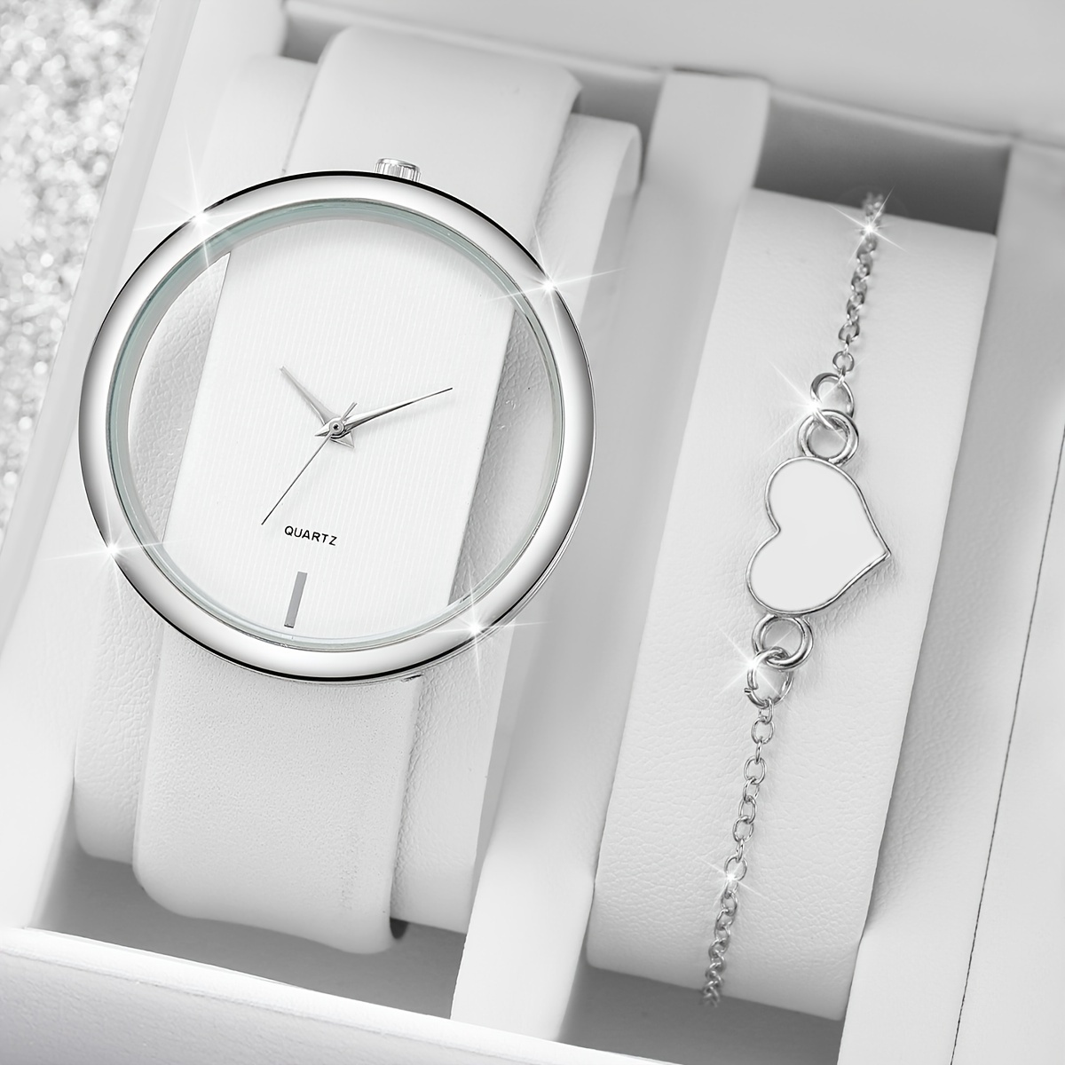 2 buc/set Ceas de damă, cu gol, ceas de cuarț la modă, ceas de mână din piele PU și brățară inimă, cadou pentru fete ea