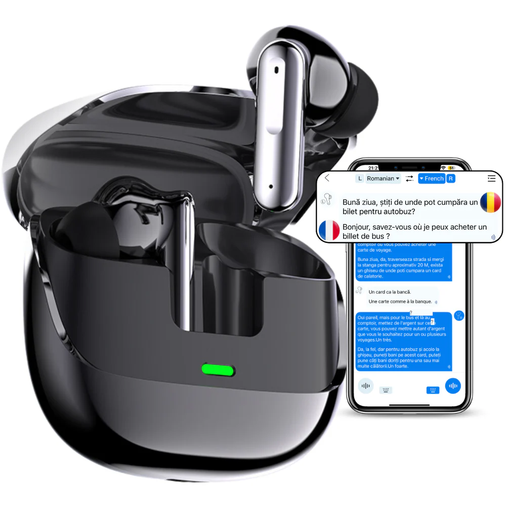 Căști de traducere a conversațiilor în timp real, acceptă 144 de limbi, traducere foto, Bluetooth 5.4, control tactil, carcasă de încărcare, easyCTRL®