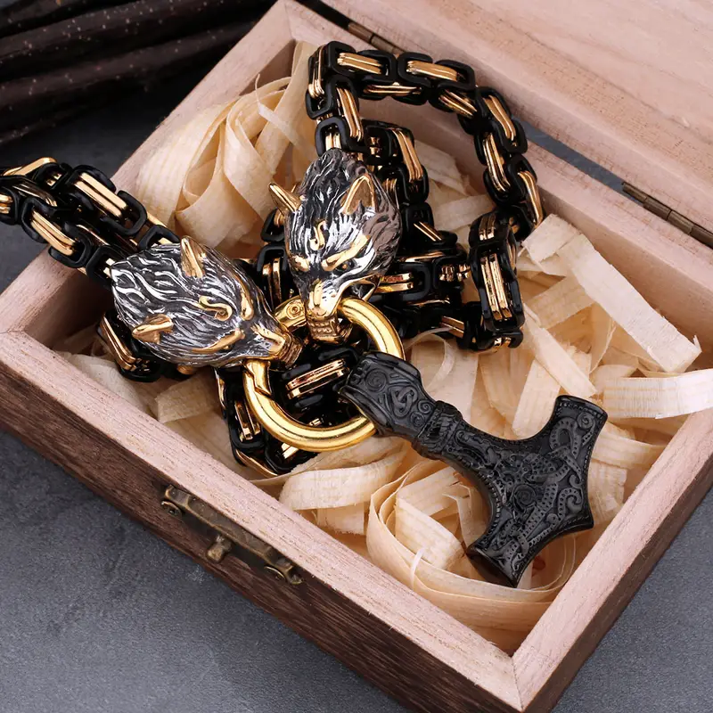 1pc mens dominant retro emperor necklace wolf head necklace stainless steel nordic viking hammer amulet jewelry necklace gift details 1