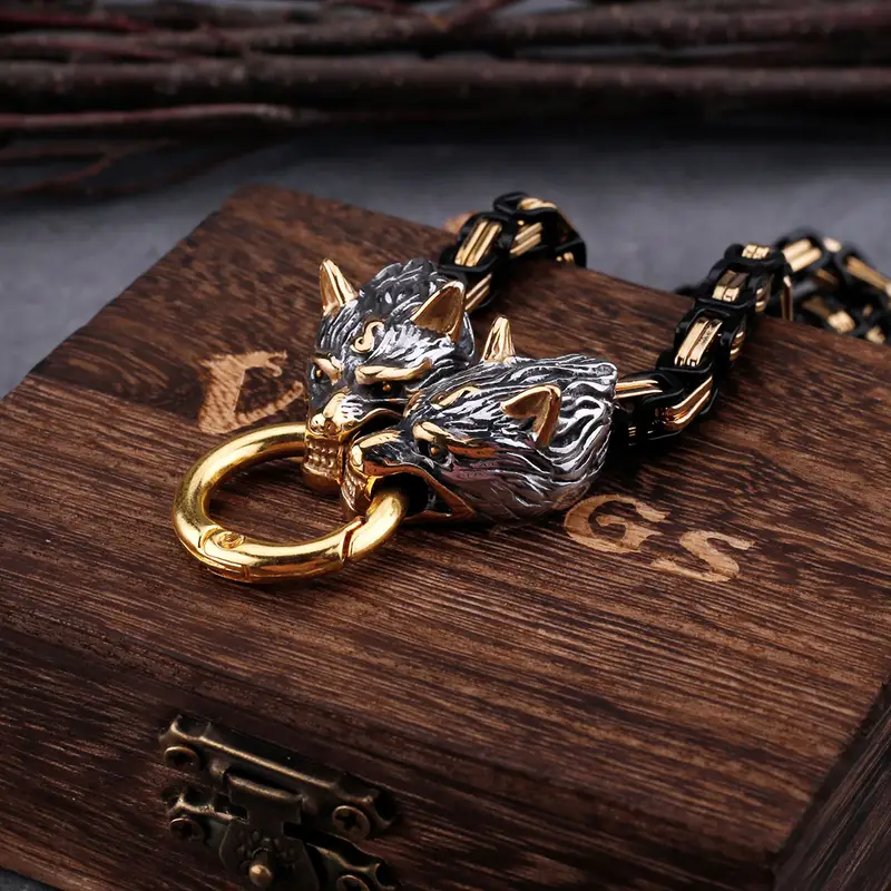1pc mens dominant retro emperor necklace wolf head necklace stainless steel nordic viking hammer amulet jewelry necklace gift details 3