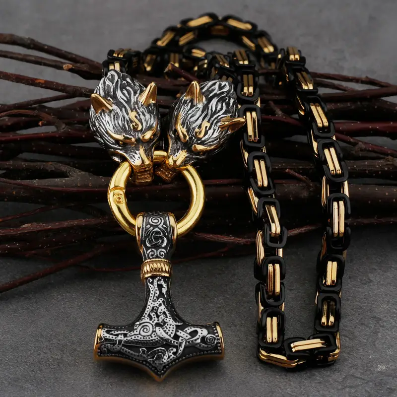 1pc mens dominant retro emperor necklace wolf head necklace stainless steel nordic viking hammer amulet jewelry necklace gift details 4