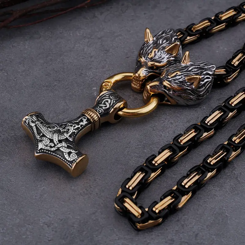 1pc mens dominant retro emperor necklace wolf head necklace stainless steel nordic viking hammer amulet jewelry necklace gift details 5