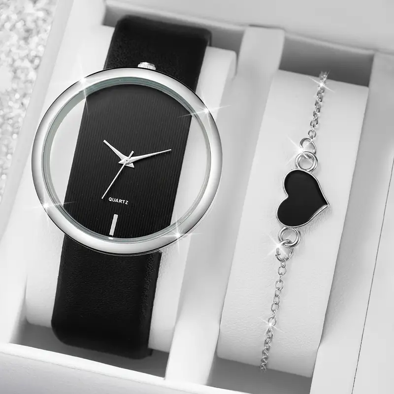 2pcs set womens watch hollow out fashion quartz watch analog pu leather wrist watch hert bracelet gift for girls her details 2