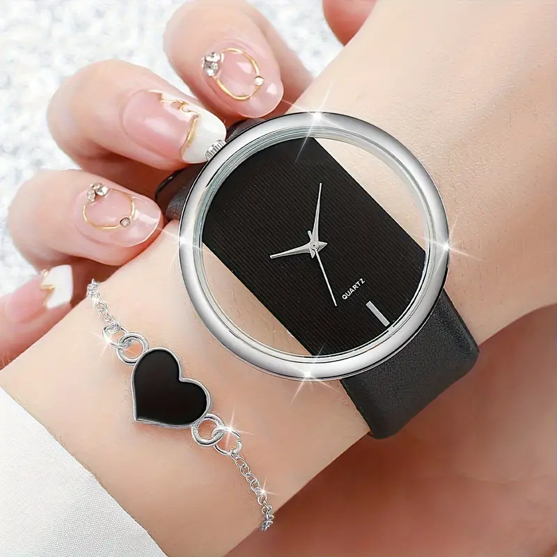 2pcs set womens watch hollow out fashion quartz watch analog pu leather wrist watch hert bracelet gift for girls her details 1