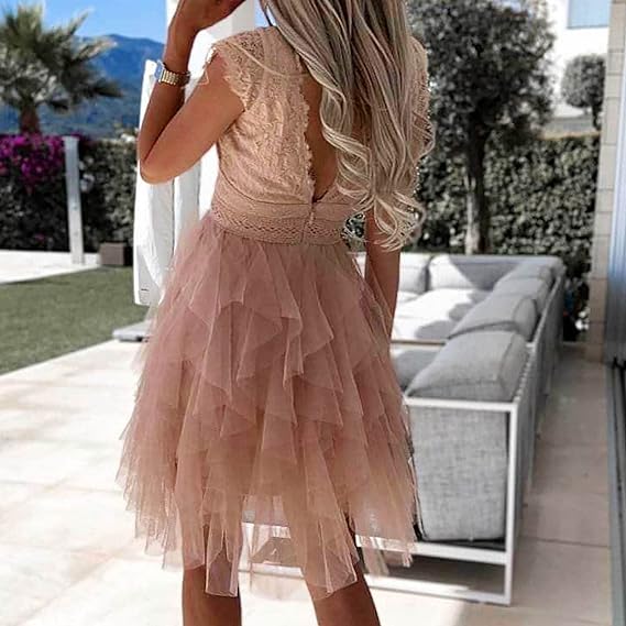 Elegant dantelă Patch Sheer Mesh fără mâneci rochie de petrecere rochie de vară Casual fără mâneci subțire talie Ruffle rochie