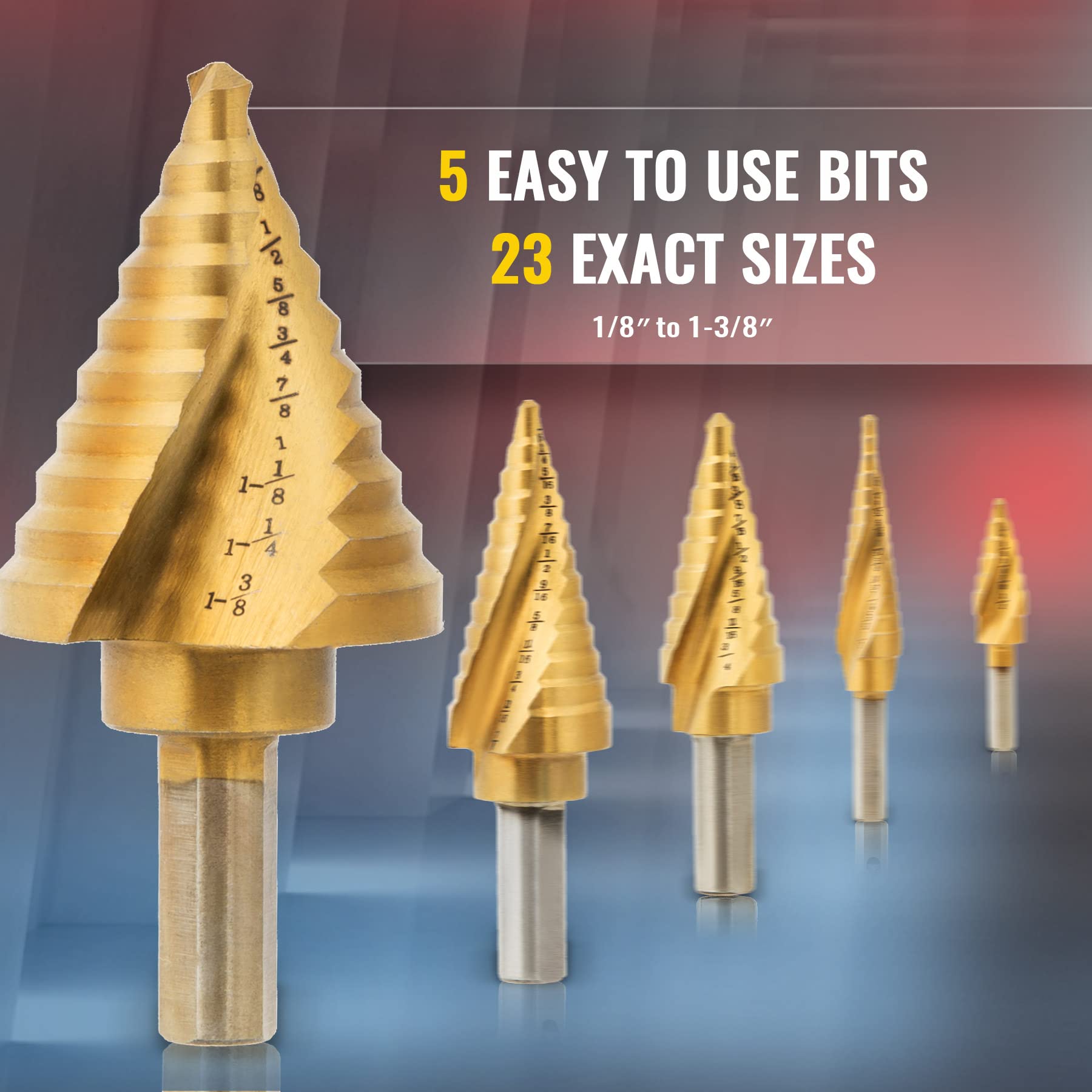 Set de burghie trepte ZELCAN HSS din titan cu 5 bucăți, cu perforare centrală automată, set de burghie Unibit pentru tablă, carcasă din aluminiu, burghie trepte cu mai multe găuri pentru bricolatori