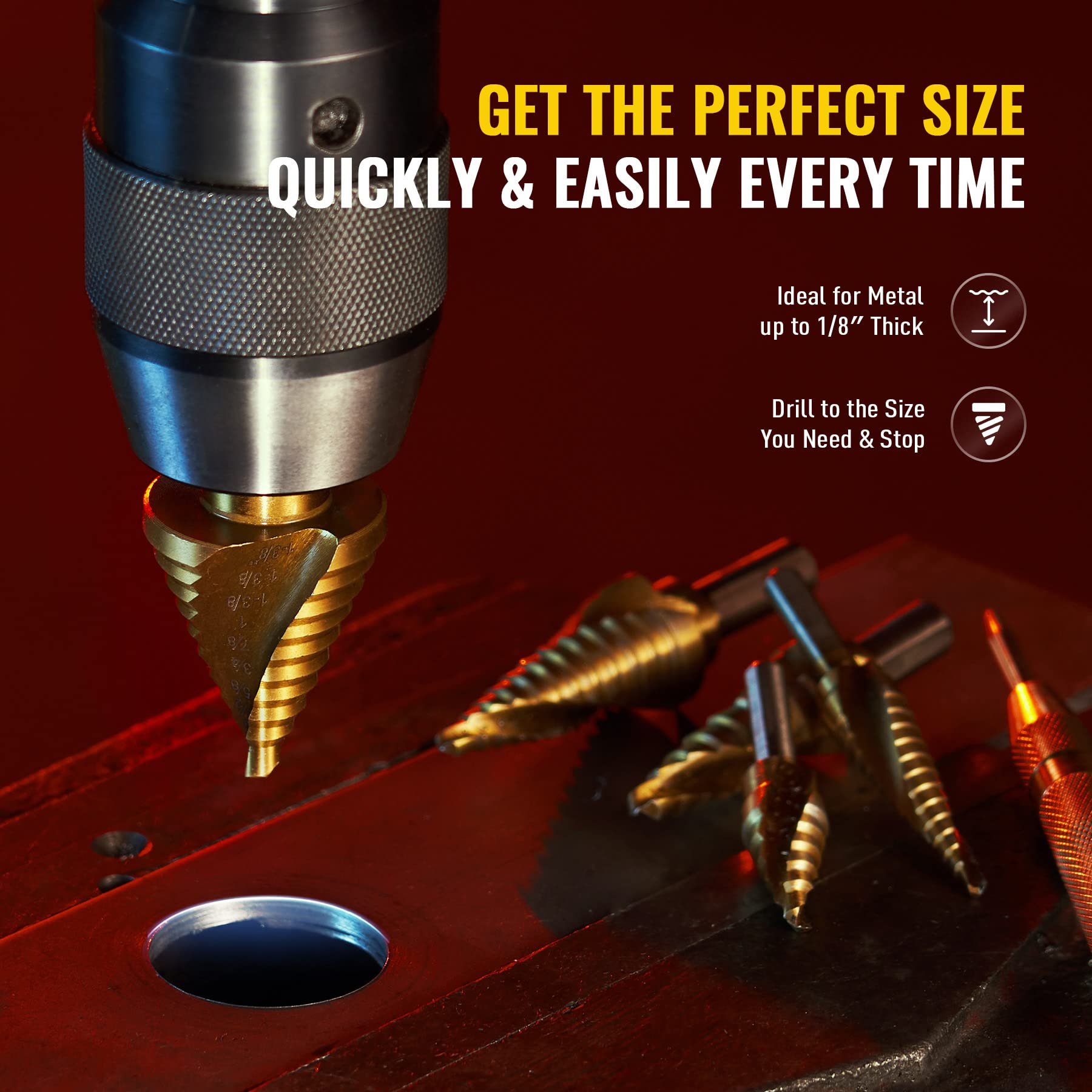 Set de burghie trepte ZELCAN HSS din titan cu 5 bucăți, cu perforare centrală automată, set de burghie Unibit pentru tablă, carcasă din aluminiu, burghie trepte cu mai multe găuri pentru bricolatori