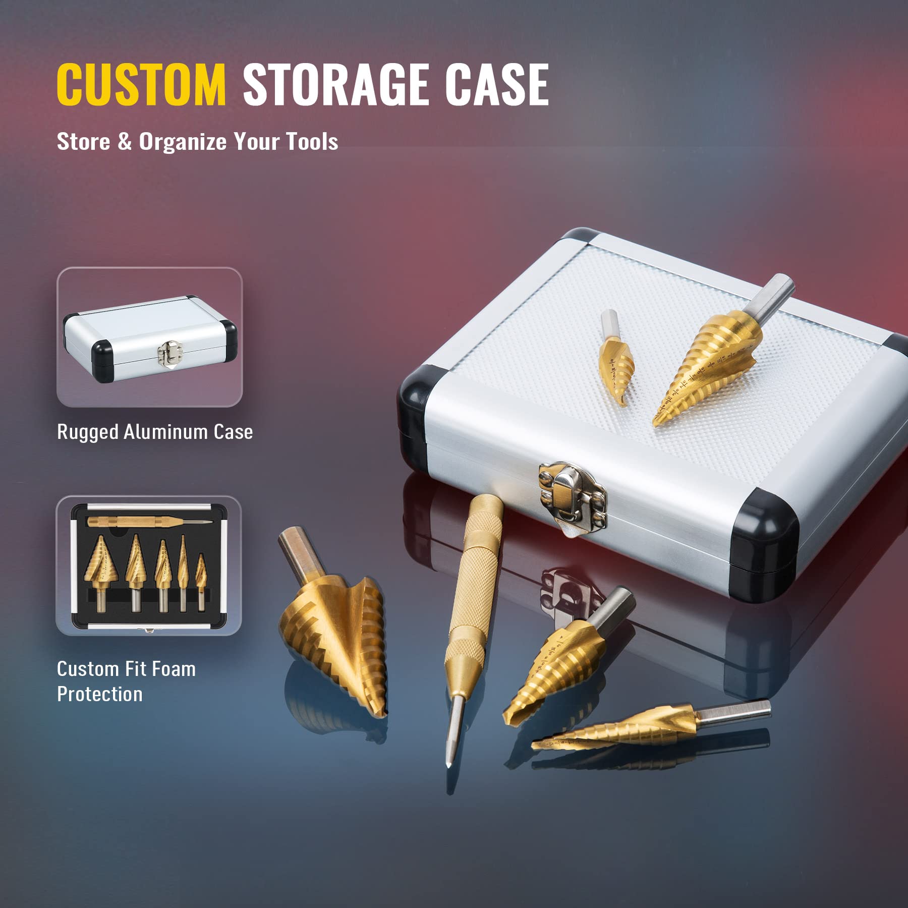 Set de burghie trepte ZELCAN HSS din titan cu 5 bucăți, cu perforare centrală automată, set de burghie Unibit pentru tablă, carcasă din aluminiu, burghie trepte cu mai multe găuri pentru bricolatori