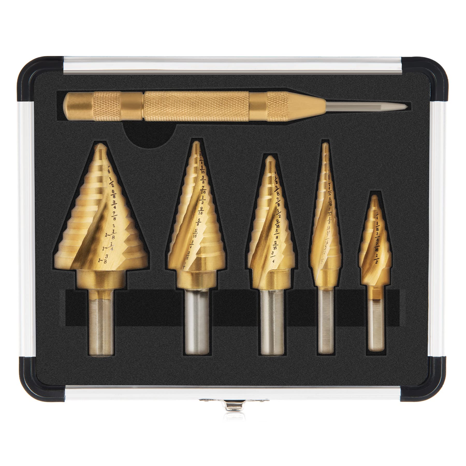Set de burghie trepte ZELCAN HSS din titan cu 5 bucăți, cu perforare centrală automată, set de burghie Unibit pentru tablă, carcasă din aluminiu, burghie trepte cu mai multe găuri pentru bricolatori
