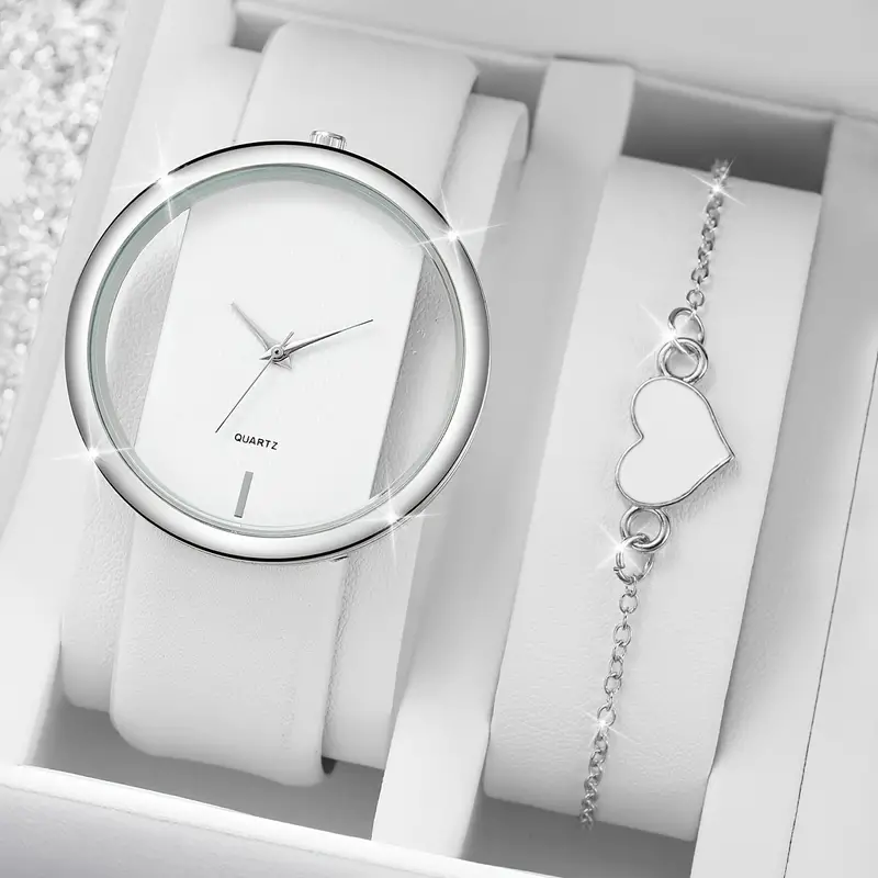 2pcs set womens watch hollow out fashion quartz watch analog pu leather wrist watch hert bracelet gift for girls her details 5