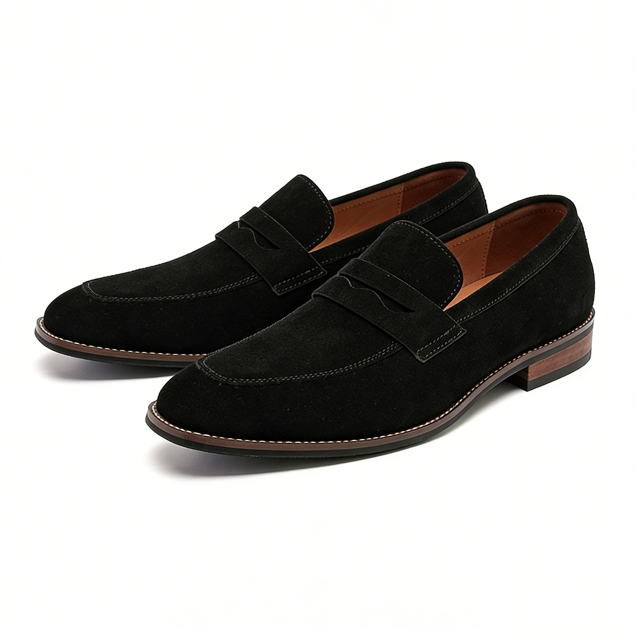 Men’s black suede penny loafers elegant side view