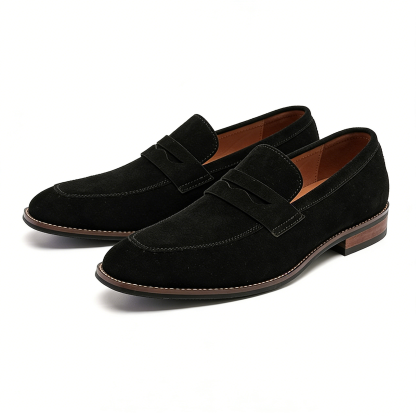 Men’s black suede penny loafers elegant side view