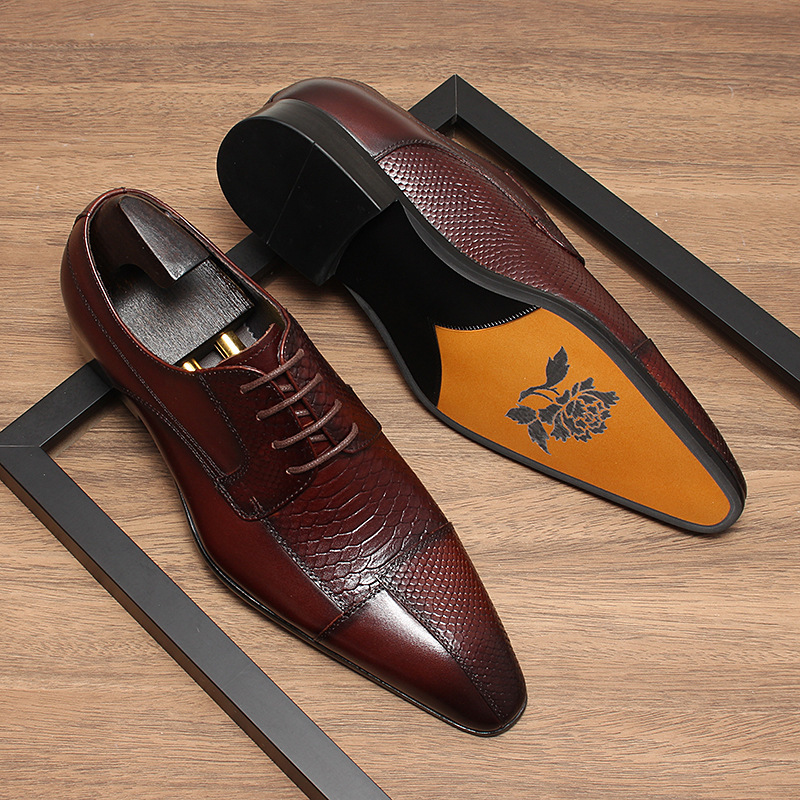 Main View: Brown leather derby shoes with crocodile pattern and floral sole.-Colinshoes
