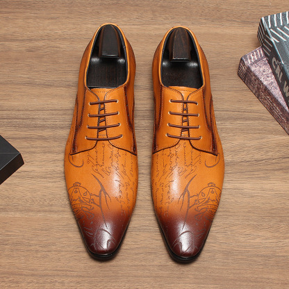 Top view of tan leather dress shoes with handwritten engraving-Colinshoes