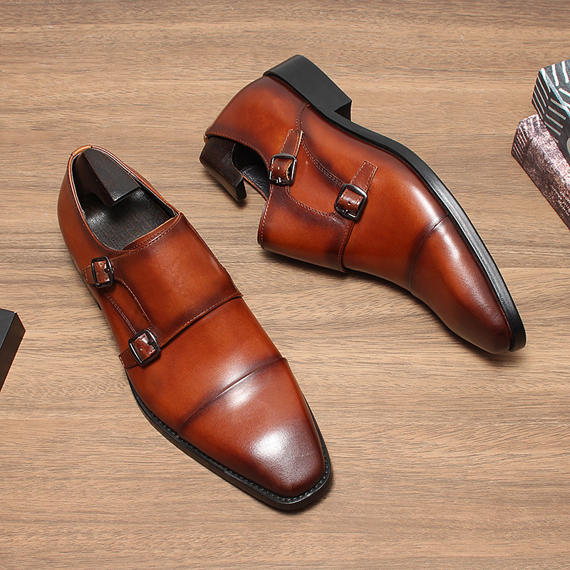 Left side angle of handmade brown monk shoes with two buckles-Colinshoes