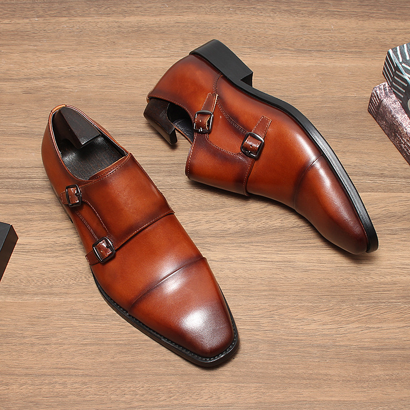 Left side angle of handmade brown monk shoes with two buckles-Colinshoes