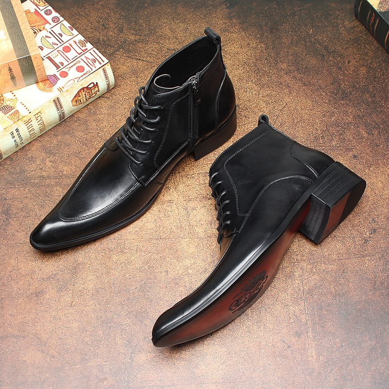Right side angle of sleek formal black leather boots for men-Colinshoes