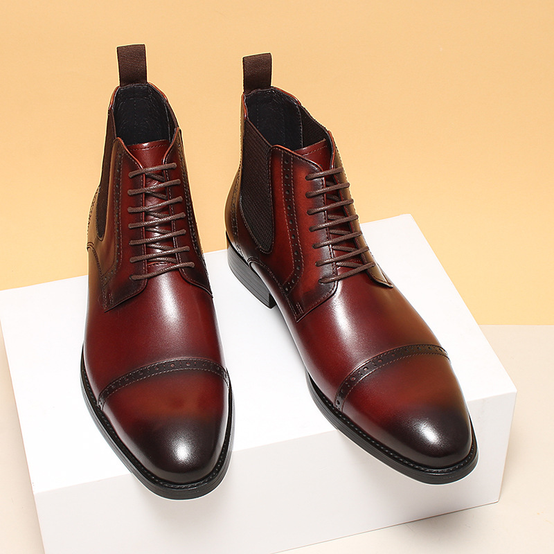 Front view of burgundy leather Chelsea boots with cap toe for men-Colinshoes