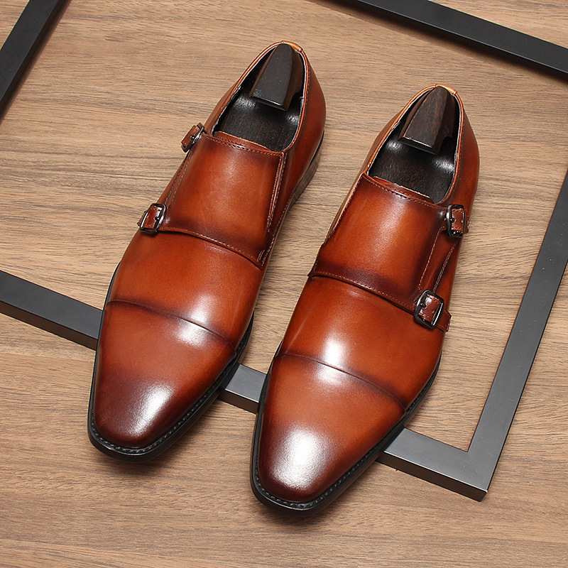 Front view of brown double monk strap leather shoes on wooden floor-Colinshoes