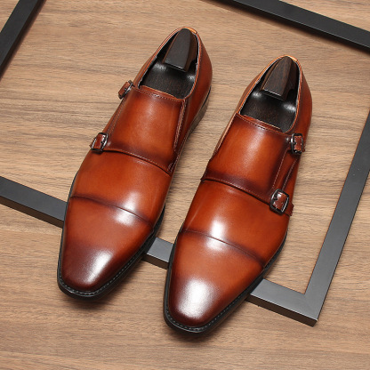 Front view of brown double monk strap leather shoes on wooden floor-Colinshoes