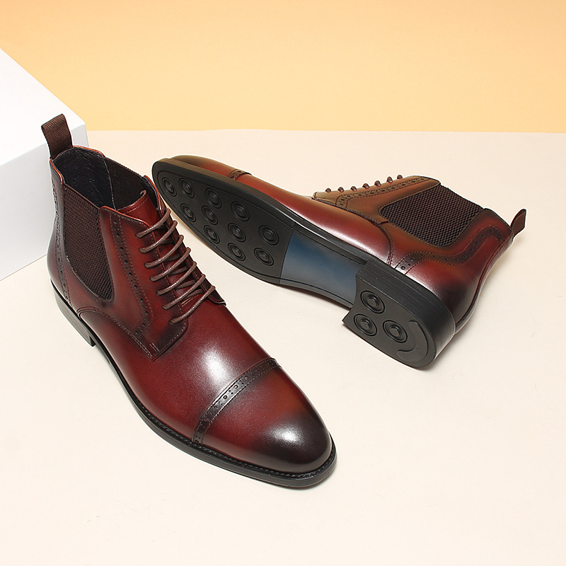 Left angled side of burgundy lace-up dress boots on display-Colinshoes