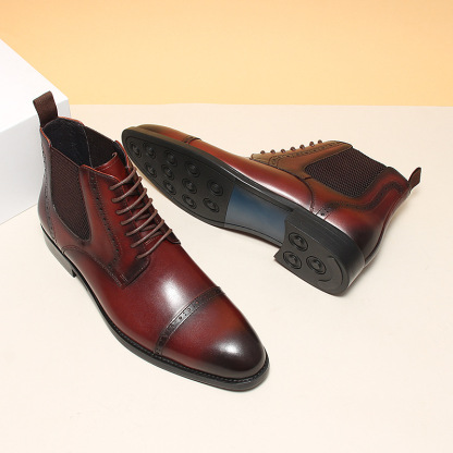 Left angled side of burgundy lace-up dress boots on display-Colinshoes