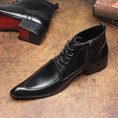 Modern Pointed Toe Leather Zipper Derby Boots-Colinshoes