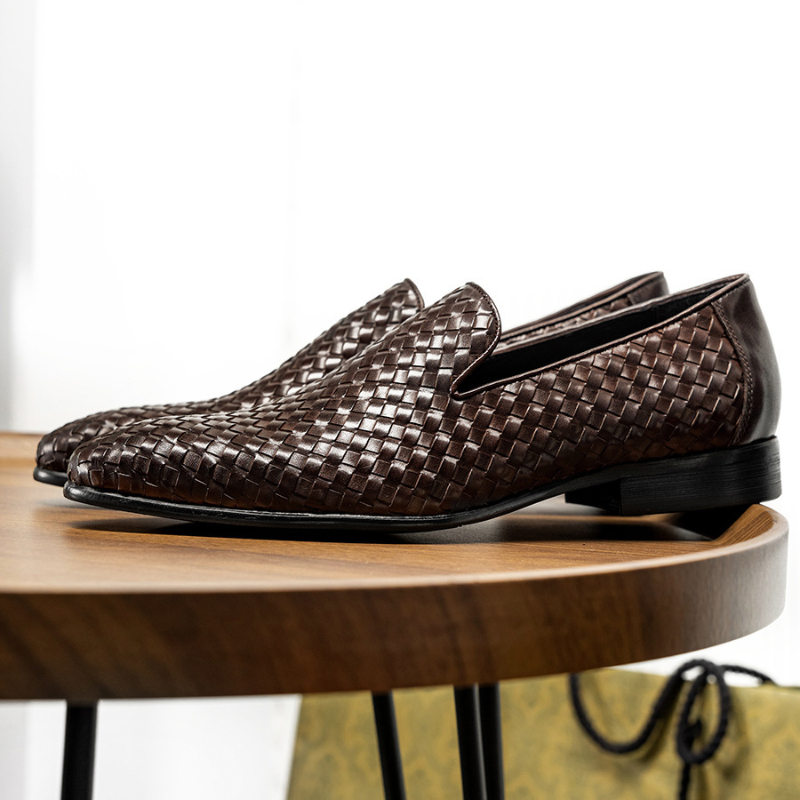 Brown woven loafers with handwoven texture-Colinshoes