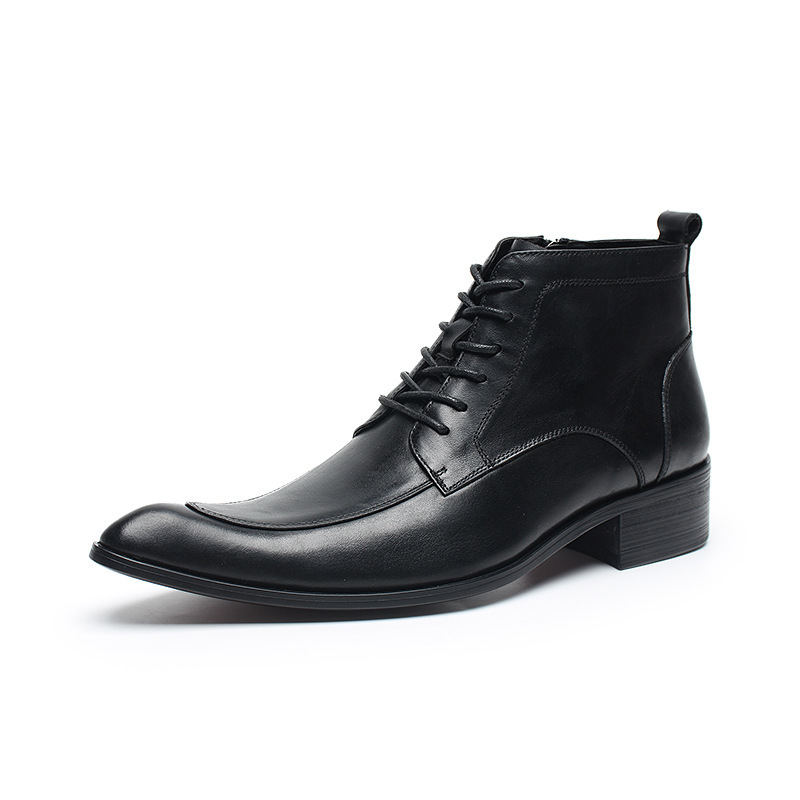 Modern Pointed Toe Leather Zipper Derby Boots-Colinshoes