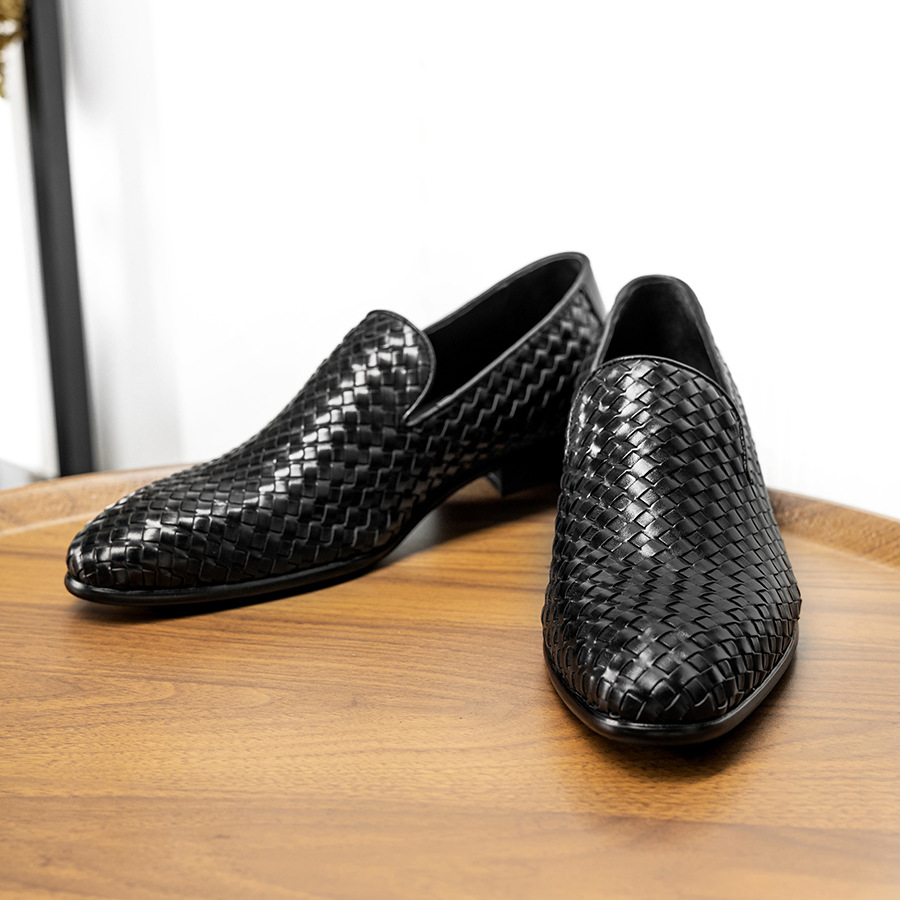Seamless Woven Leather Business Travel Loafers-Colinshoes