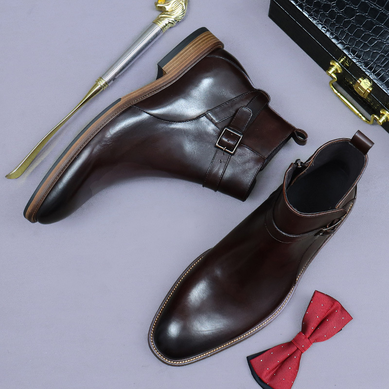 Dark brown leather Chelsea boots with ankle buckle-Colinshoes