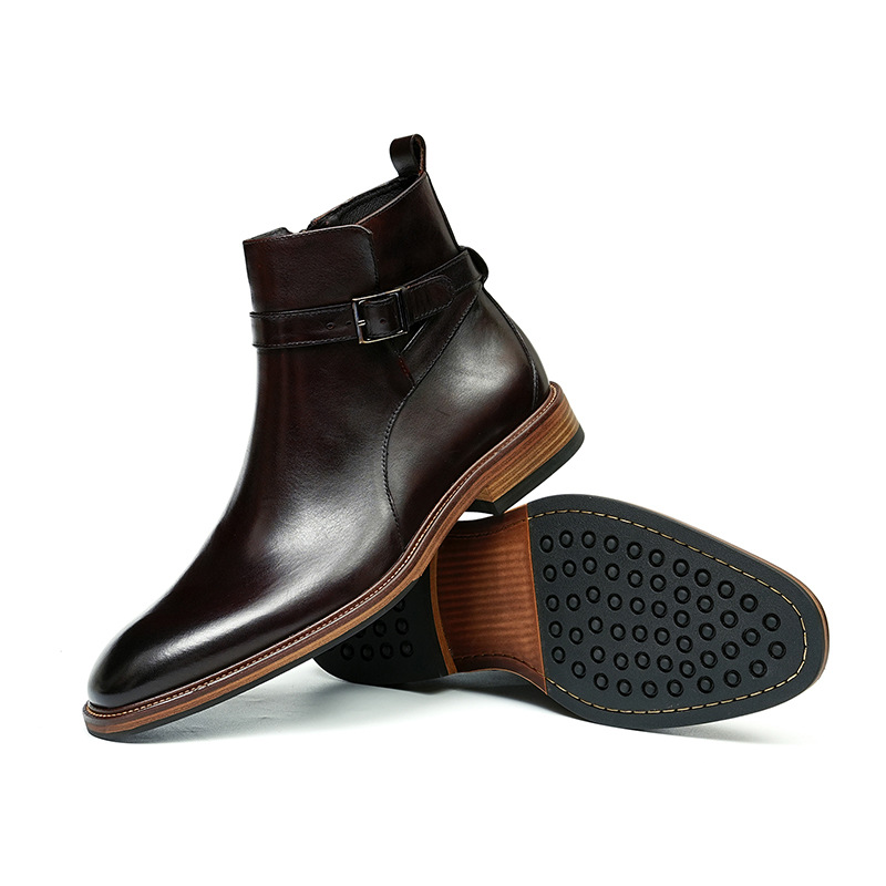 Side view of brown leather Chelsea ankle boots-Colinshoes