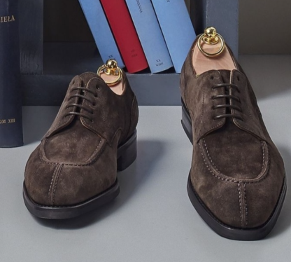 Front view of brown suede apron toe derby shoes for men-Colinshoes