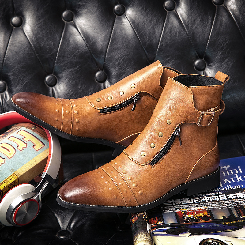 Contrast Color Sleek Studded Slip-On Boots-Colinshoes