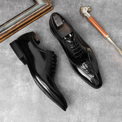 Quiet Luxury Crocodile Embossed  Pointed Toe Oxfords-Colinshoes
