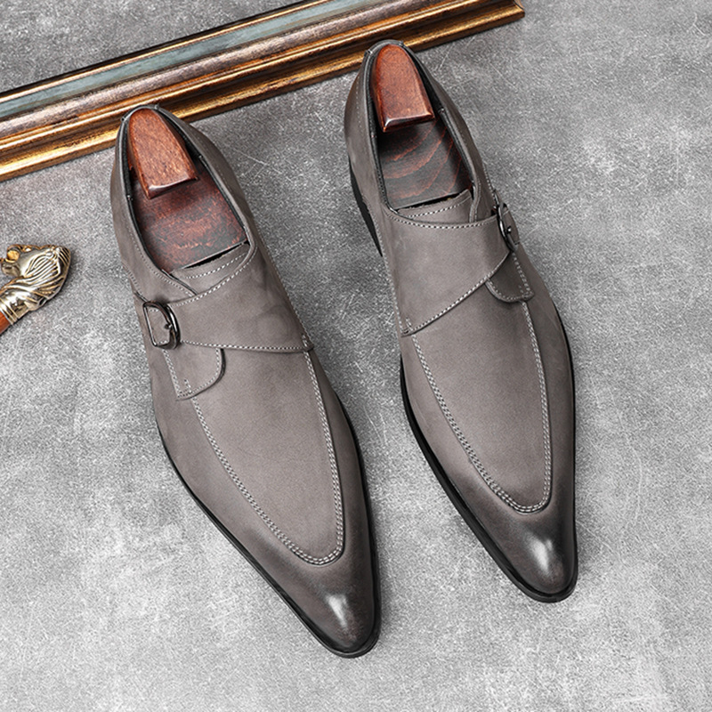 Men’s Suede Pointed‑Toe Monk Strap Shoes