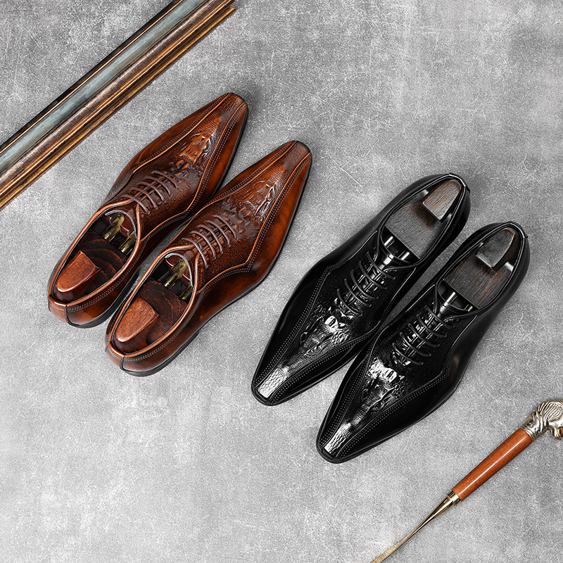 Quiet Luxury Crocodile Embossed  Pointed Toe Oxfords-Colinshoes