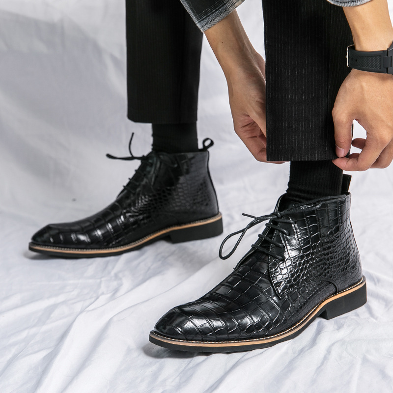 Luxury Croc-Print Classic Lace-Up Leather Ankle Boots-Colinshoes