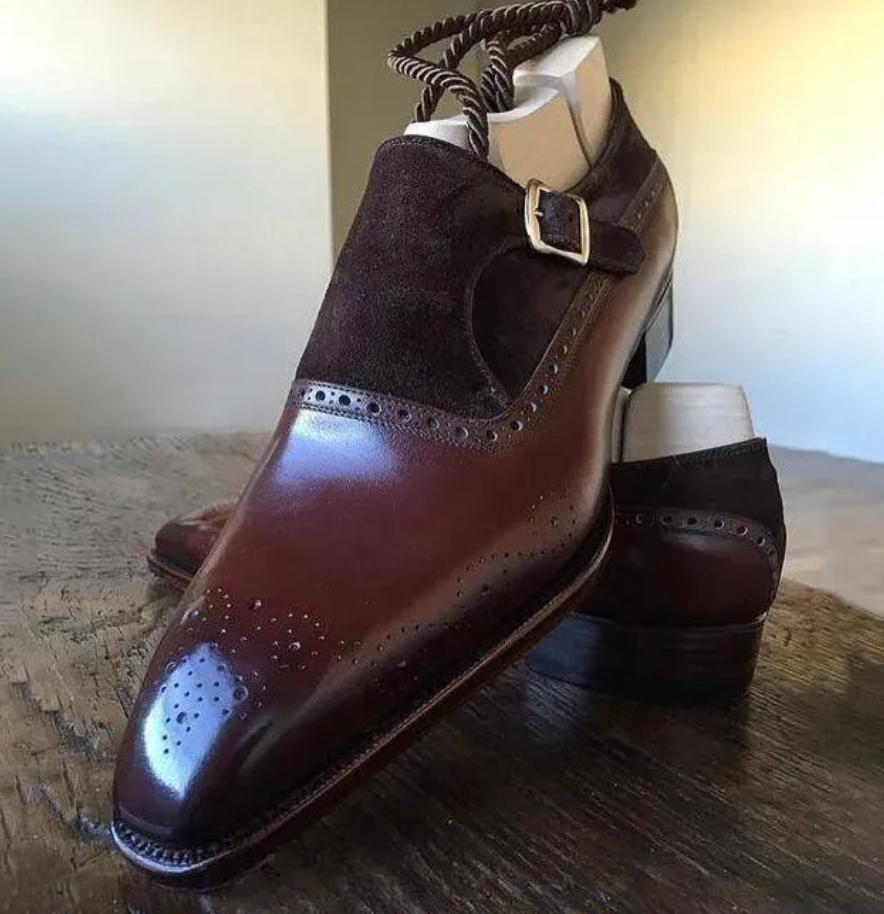 Leather/Suede Monk Strap with Brogue Toe-Colinshoes