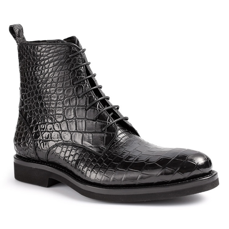Black alligator embossed leather boots front angle view