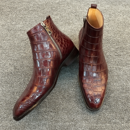 Luxury Black Croc Texture Zipper Dress Boots