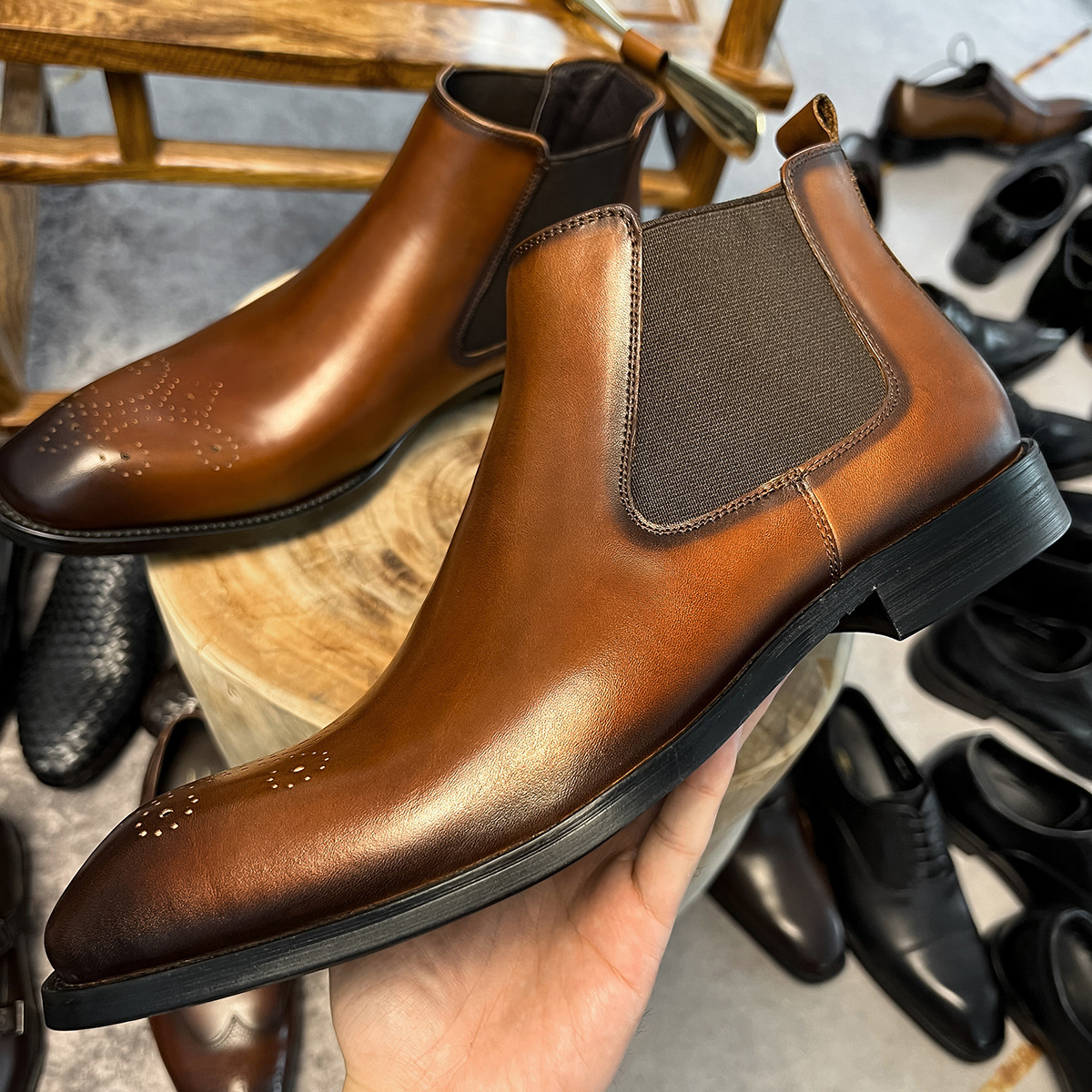  Signature Leather Brogue Chelsea Dress Boots 