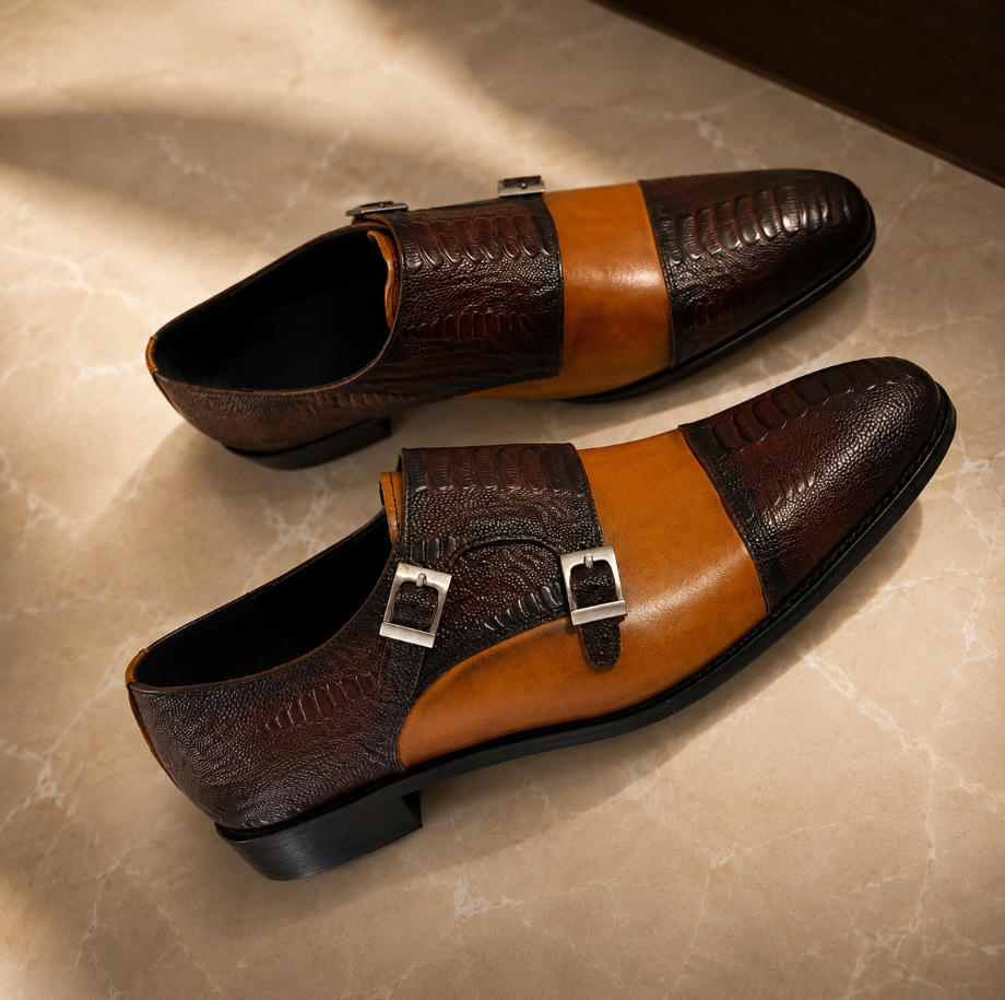 Ostrich-Embossed Double Monk Strap Dress Shoes