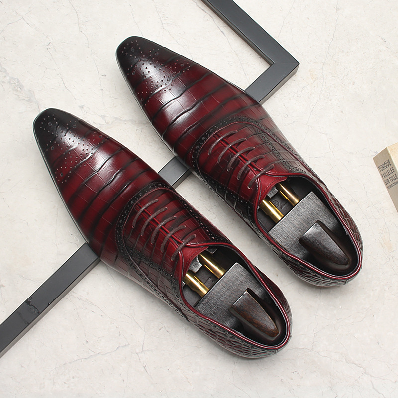 Men's Burgundy Brogue Dress Shoes with Textured Detailing