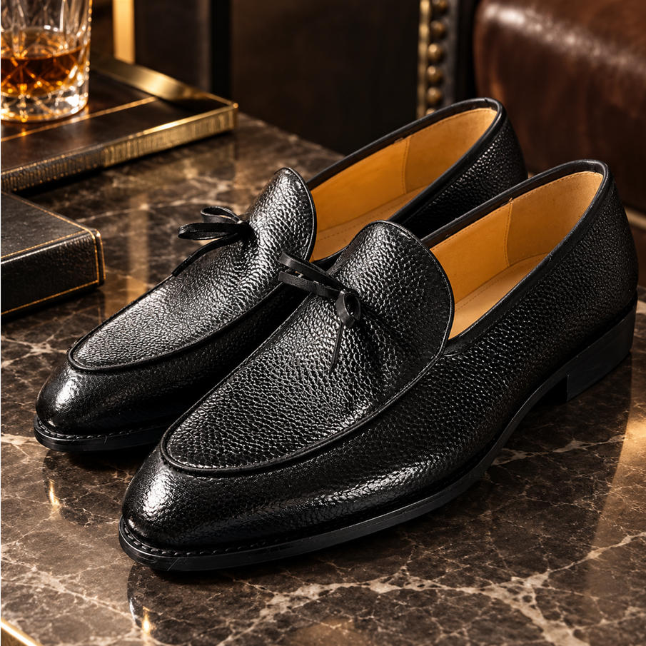 Signature Bow Pebble-Grain Leather Slip-Ons