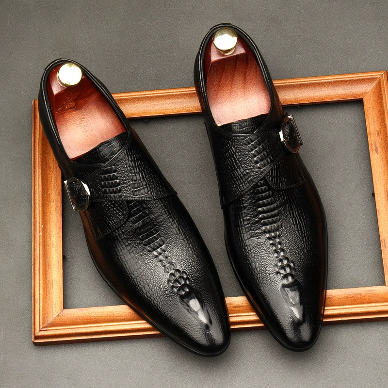 Main view of black crocodile pattern monk strap shoes for men-Colinshoes