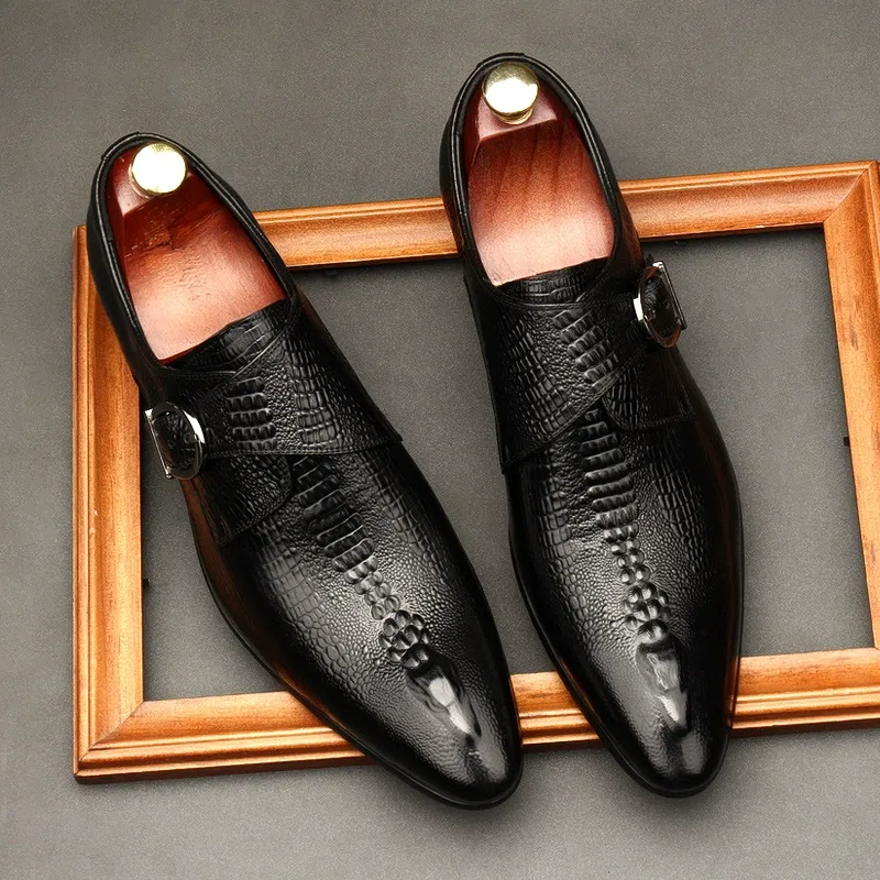 Main view of black crocodile pattern monk strap shoes for men-Colinshoes