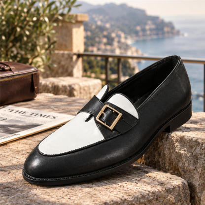 Men's two-tone leather loafers with a decorative metal buckle