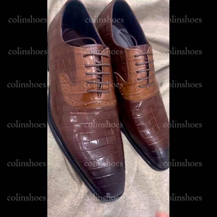 Crocodile-Embossed Wingtip Oxfords Shoes